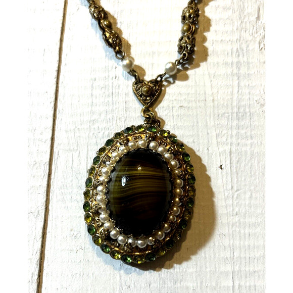 Vintage West Germany Porphyry Glass Crystal Filigree Necklace & Earrings Set - Picture 6 of 12